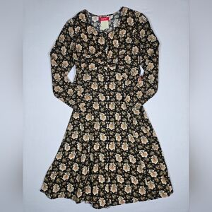 Vintage 90s Esprit Black Floral Button Front Tie Midi Dress